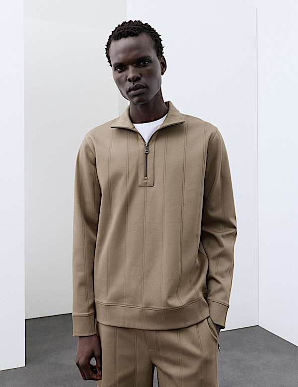Pure Cotton Drop Needle Striped Half Zip Jacket