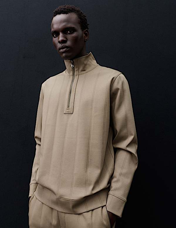 Pure Cotton Drop Needle Striped Half Zip Jacket