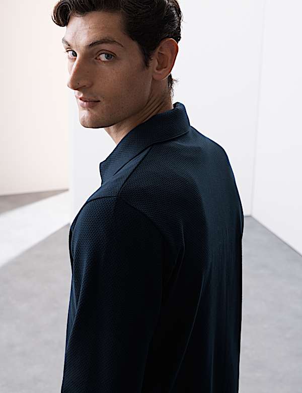 Katoenrijke top met lange mouwen, halflange rits en wafelstructuur - BE