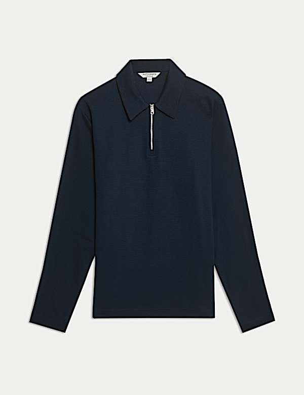 Katoenrijke top met lange mouwen, halflange rits en wafelstructuur - BE