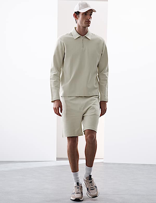 Cotton Rich Waffle Half Zip Long Sleeve Top - JP