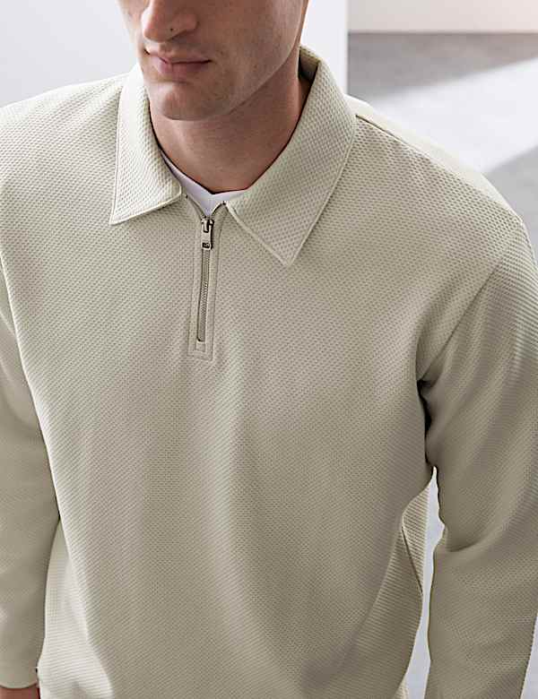 Cotton Rich Waffle Half Zip Long Sleeve Top - JP