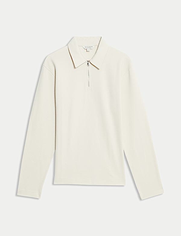 Cotton Rich Waffle Half Zip Long Sleeve Top - JP