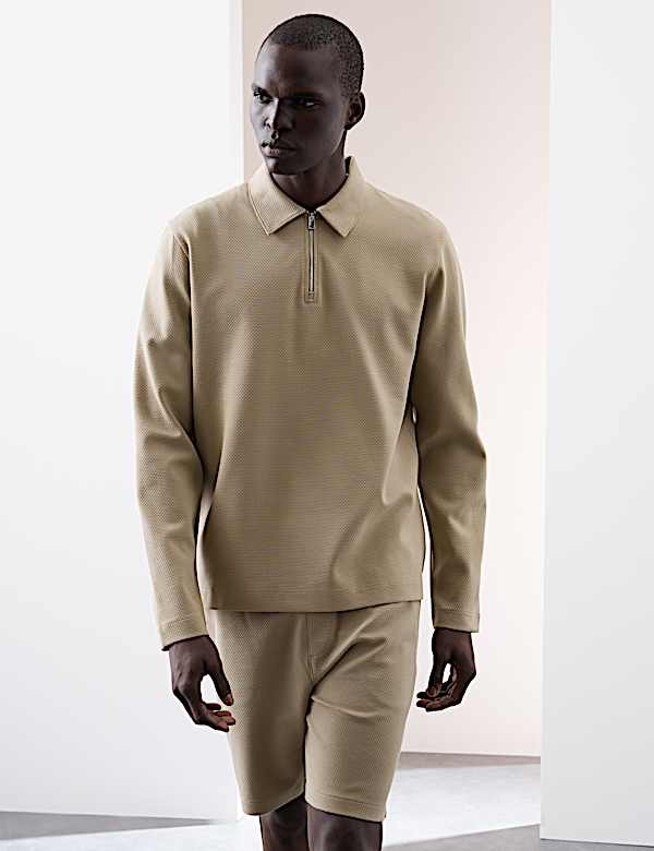 Cotton Rich Waffle Half Zip Long Sleeve Top