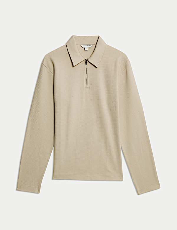 Katoenrijke top met lange mouwen, halflange rits en wafelstructuur - BE