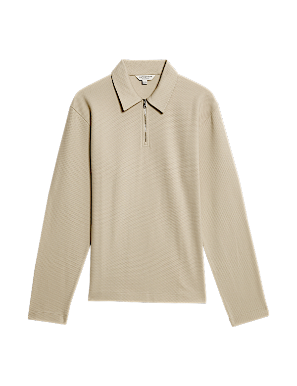Cotton Rich Waffle Half Zip Long Sleeve Top