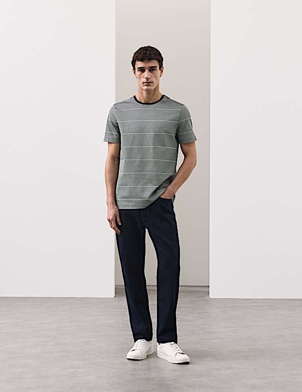 חולצת טי מפוספסת מכותנה טהורה עם טקסטורה - IL