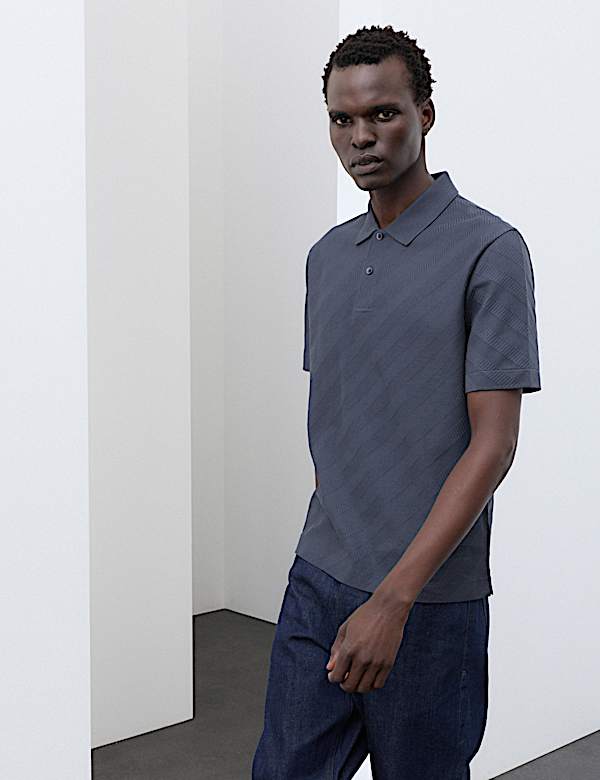 Pure Cotton Textured Jacquard Button Polo Shirt