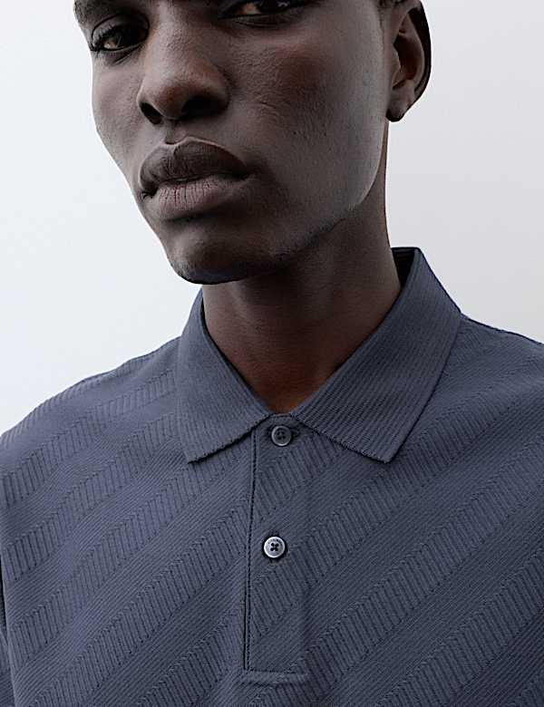 Pure Cotton Textured Jacquard Button Polo Shirt