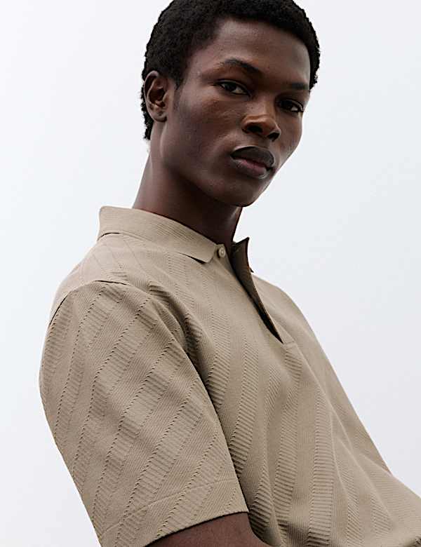 Pure Cotton Textured Jacquard Button Polo Shirt