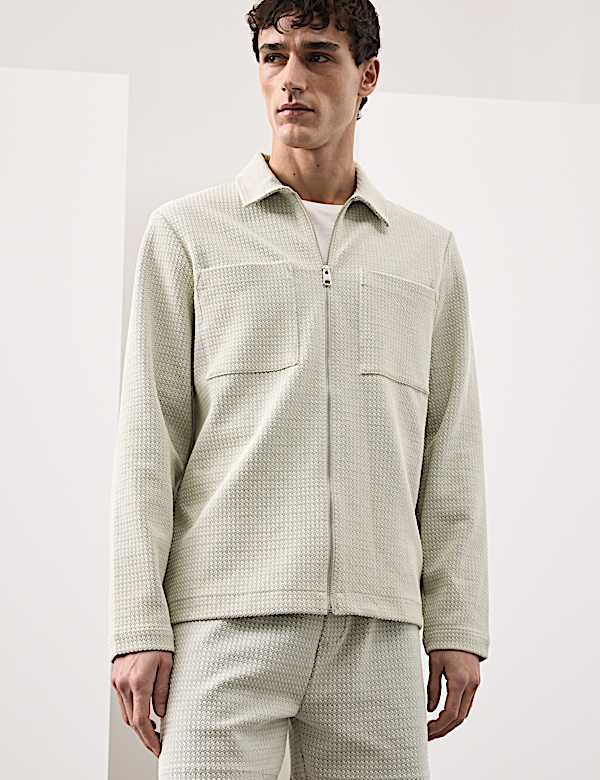 Cotton Blend Zip Up Textured Jacket