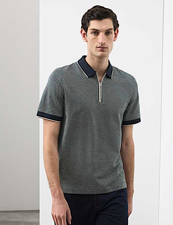 Pure Supima&reg; CottonJacquard Zip Up Polo Shirt - CA
