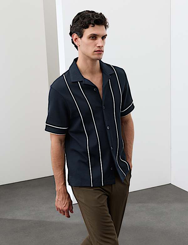 Cotton Rich Piped Stripe Knitted Polo Shirt - CH