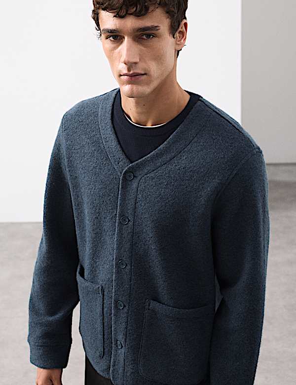 קרדיגן מתערובת צמר ופליז עם צווארון וי - IL