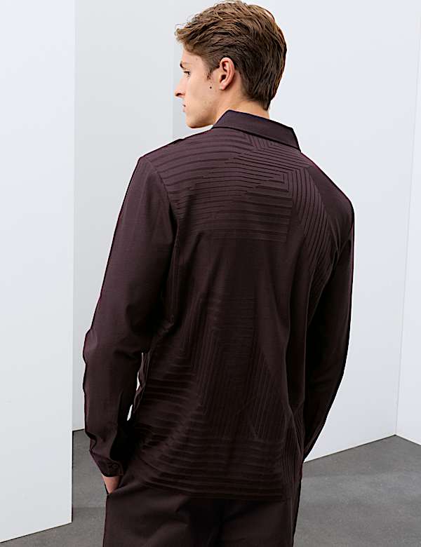 Pure Cotton Geometric Print Long Sleeve Polo Shirt - CN