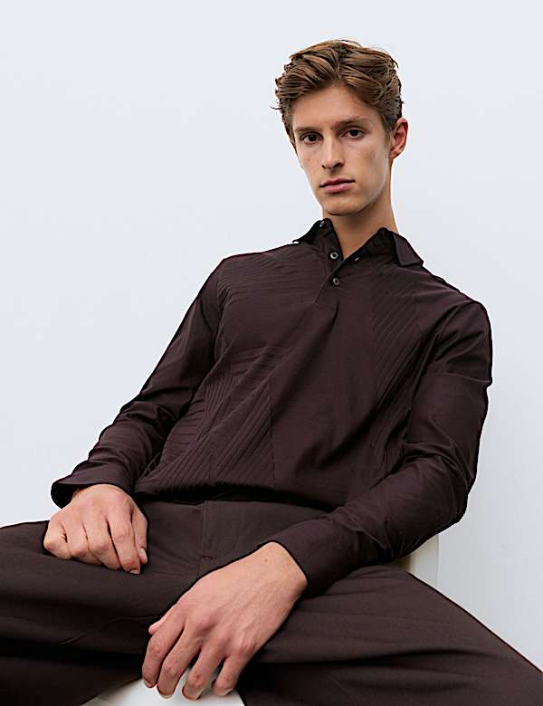 Pure Cotton Geometric Print Long Sleeve Polo Shirt - CN