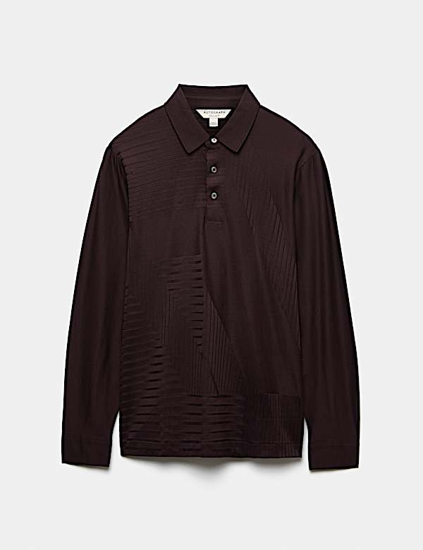 Pure Cotton Geometric Print Long Sleeve Polo Shirt - CN