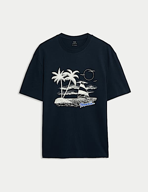 T-shirt με κλειστή στρογγυλή λαιμόκοψη, σχέδιο Hawaii και υψηλή περιεκτικότητα σε βαμβάκι - GR