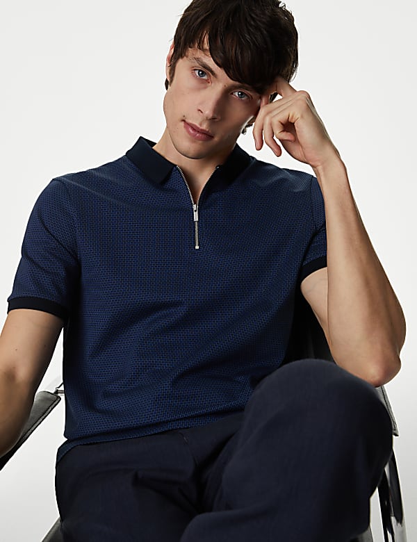 Pure Cotton Textured Half Zip Polo Shirt