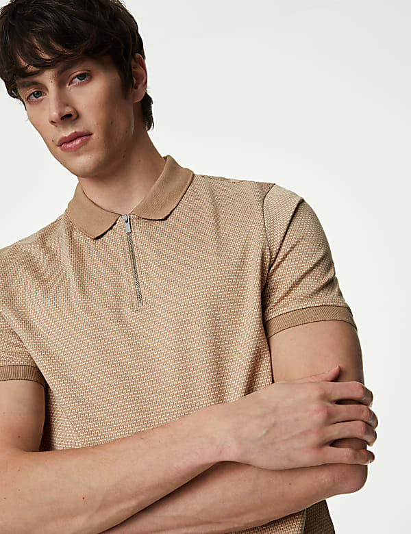 Pure Cotton Textured Half Zip Polo Shirt