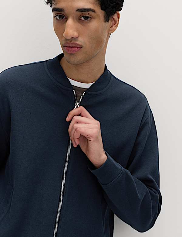 Cotton Blend Pique Bomber Jacket