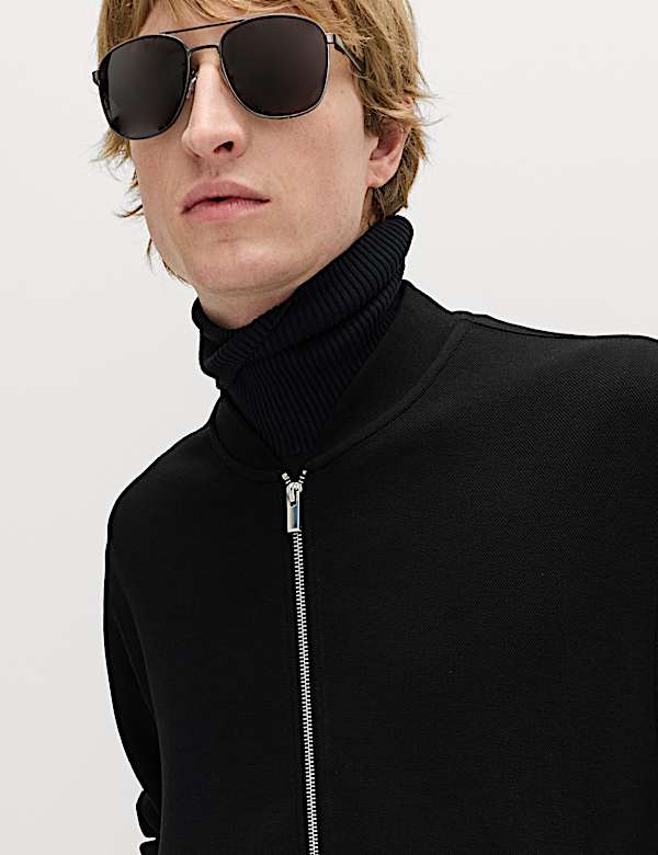 Cotton Blend Pique Bomber Jacket