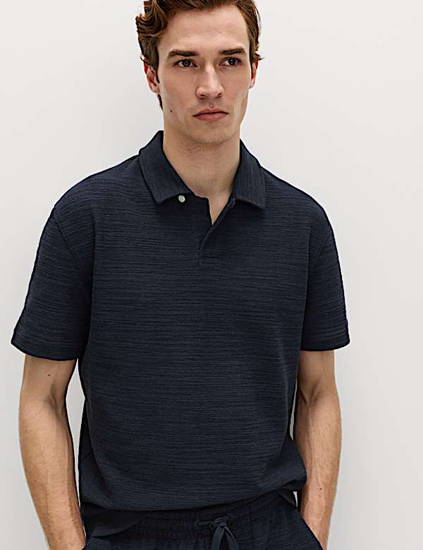 Cotton Rich Notch Neck Boucle Polo Shirt