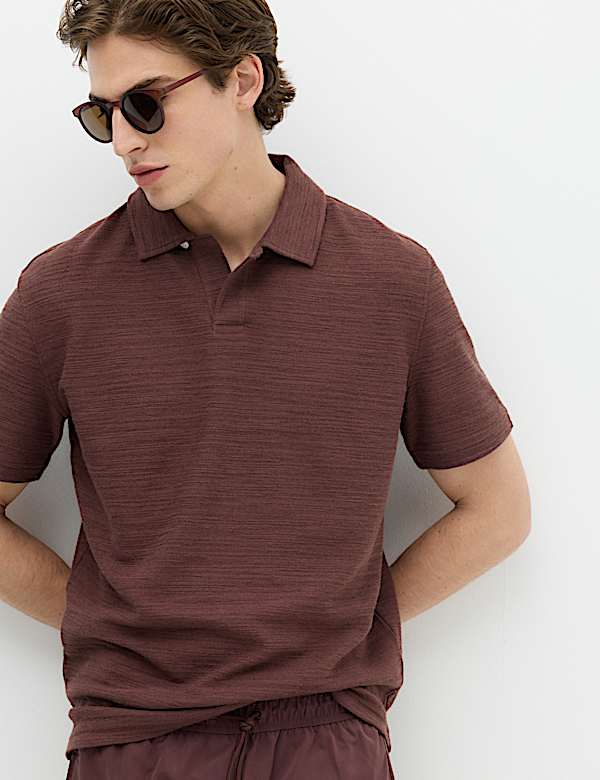 Cotton Rich Notch Neck Boucle Polo Shirt