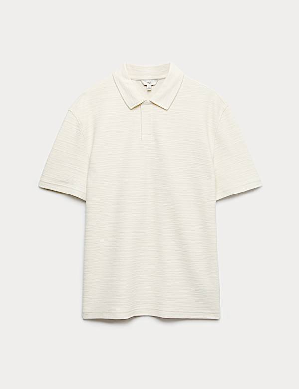 Polo en maille de coton boucl&eacute; &agrave; col ouvert - BE