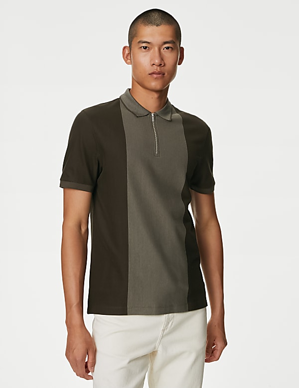 Pure Cotton Half Zip Colour Block Polo Shirt