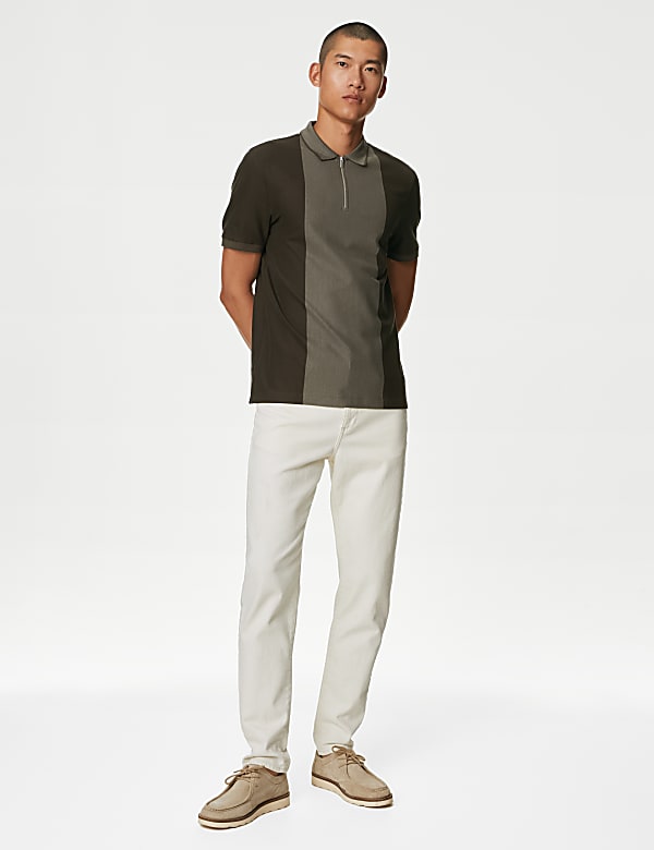 Pure Cotton Half Zip Colour Block Polo Shirt