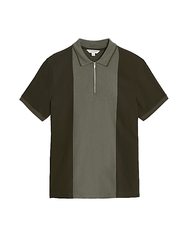 Pure Cotton Half Zip Colour Block Polo Shirt