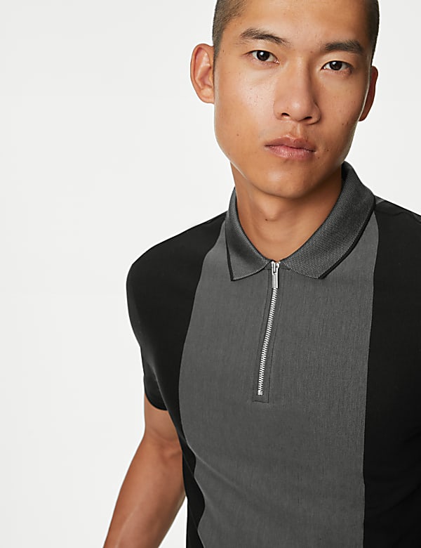 Pure Cotton Half Zip Colour Block Polo Shirt