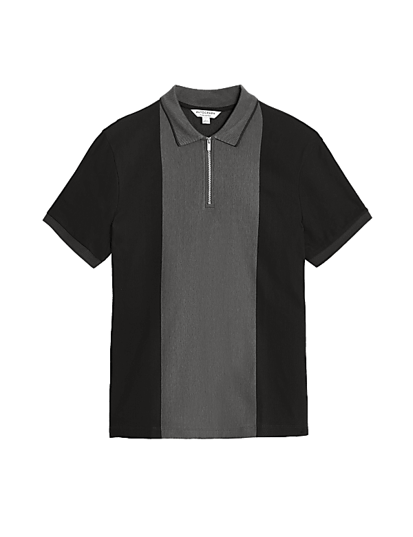 Pure Cotton Half Zip Colour Block Polo Shirt