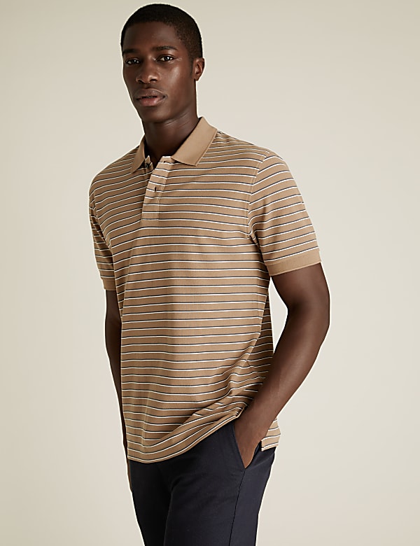 Pure Cotton Pique Striped Polo Shirt.