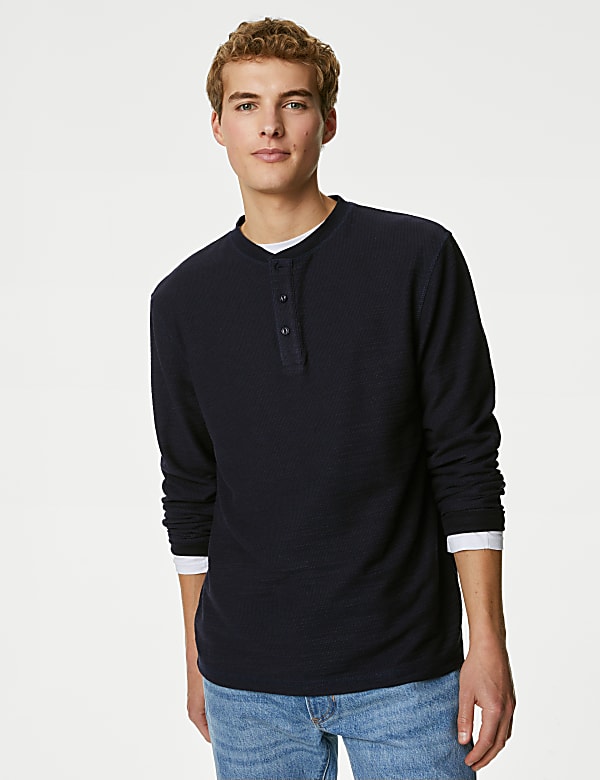 Cotton Blend Textured Henley T-Shirt