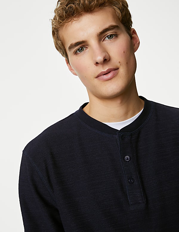 Cotton Blend Textured Henley T-Shirt