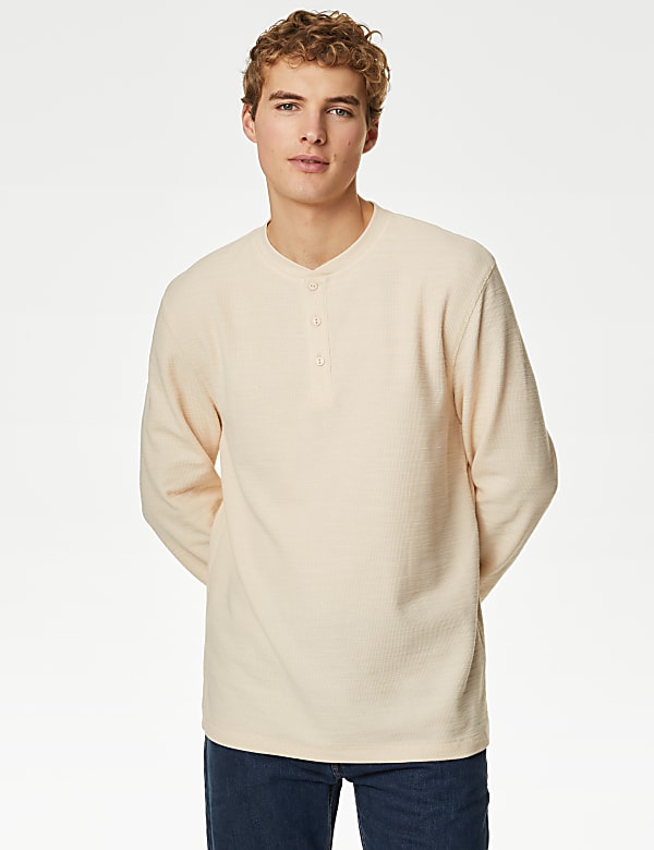 Cotton Blend Textured Henley T-Shirt