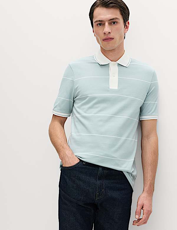 Pure Cotton Pique Striped Polo Shirt