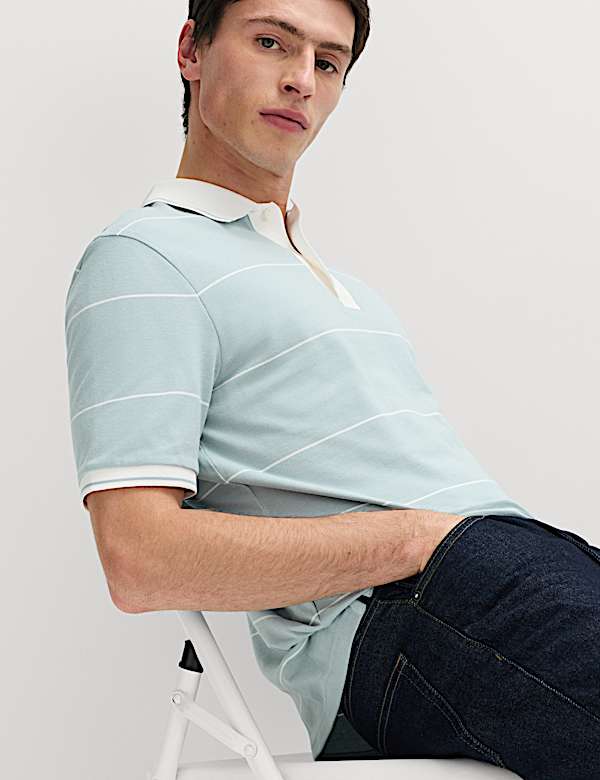 Pure Cotton Pique Striped Polo Shirt
