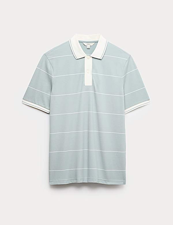 Pure Cotton Pique Striped Polo Shirt - IL
