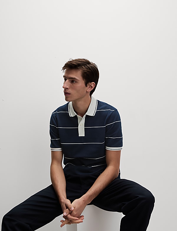 Pure Cotton Pique Striped Polo Shirt