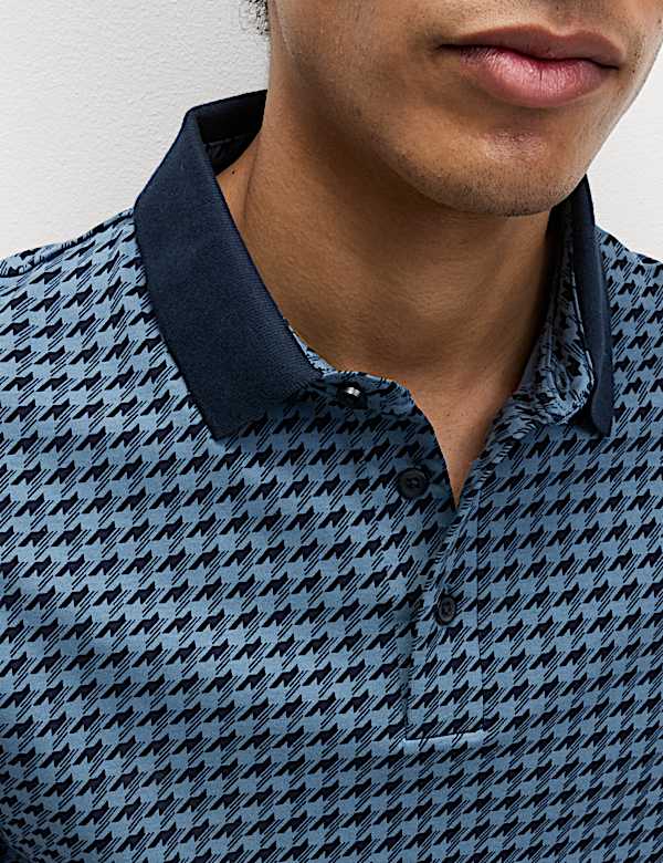 Pure Cotton Houndstooth Print Polo Shirt