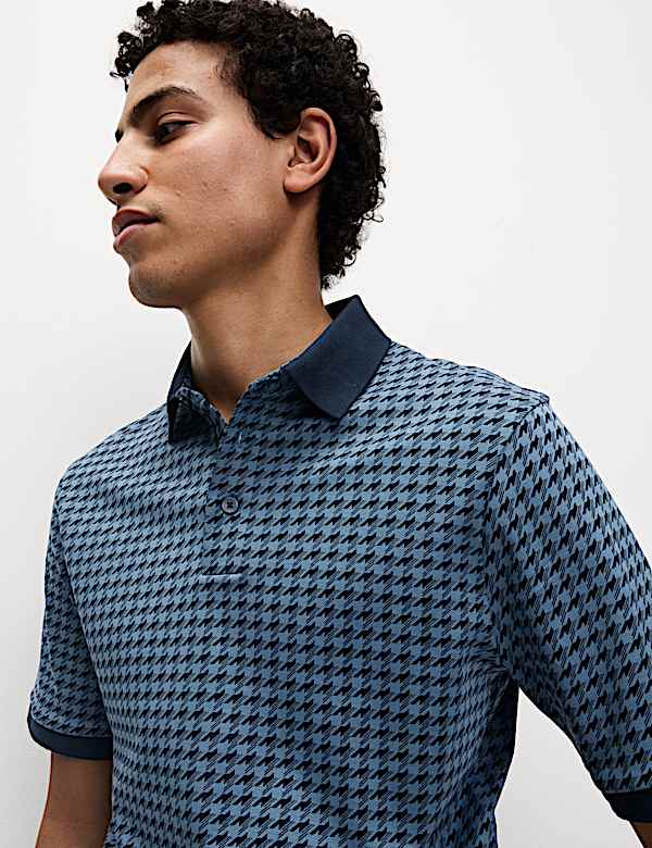 Pure Cotton Houndstooth Print Polo Shirt