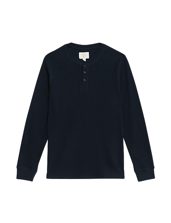 Pure Cotton Henley Waffle Long Sleeve Top