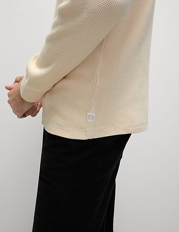 Pure Cotton Henley Waffle Long Sleeve Top