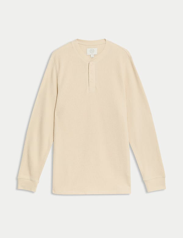 Pure Cotton Henley Waffle Long Sleeve Top - AU