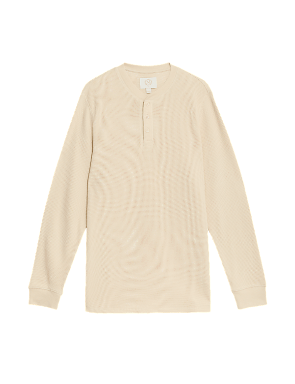Pure Cotton Henley Waffle Long Sleeve Top