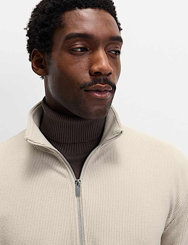 סווטשירט עם רוכסן חלקי מבד עשיר בכותנה עם טקסטורה - IL