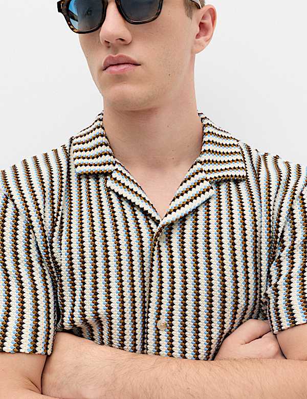 Cotton Blend Textured Striped Short Sleeve Shirt - DK